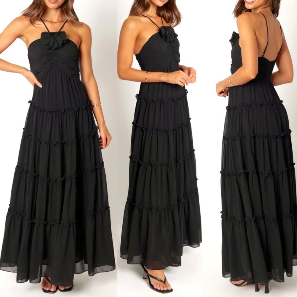 Petal & Pup Black Tiered Maxi Dress with Bow Detail